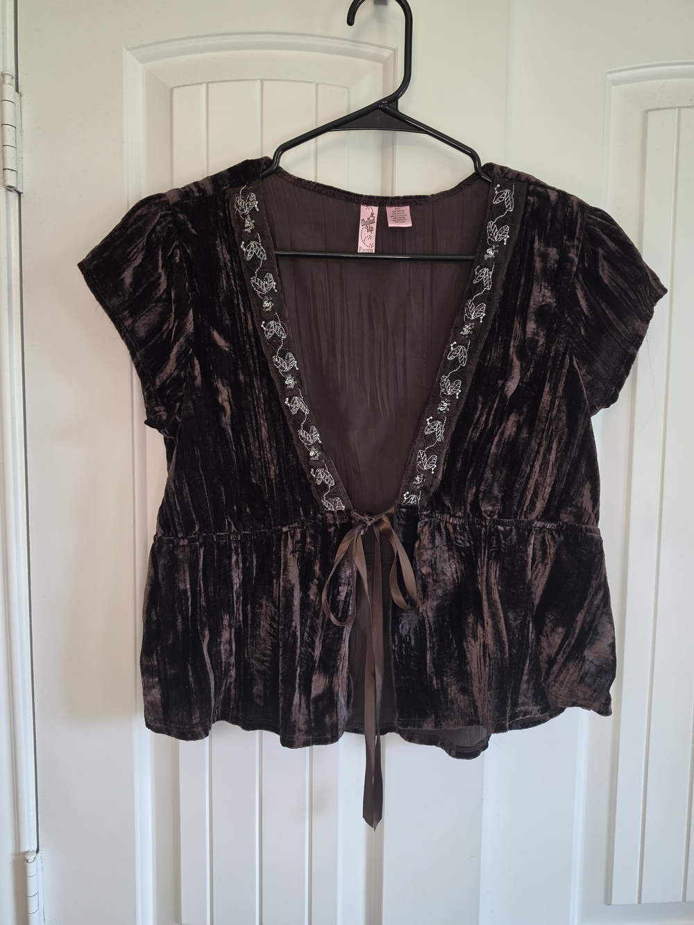 FANG Brown Velvet Short Sleeve Tie-Front Blouse